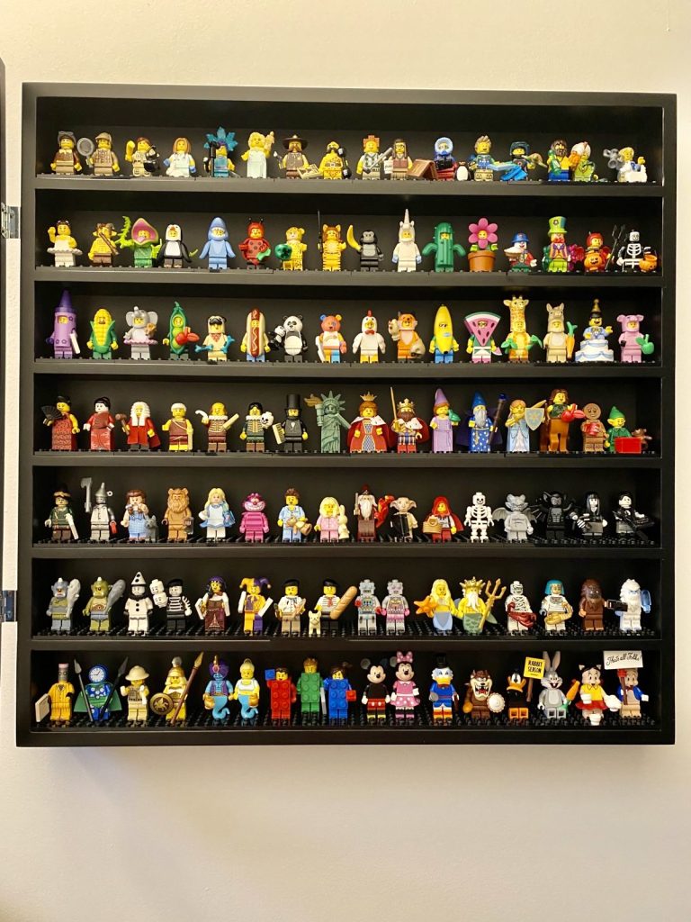 Themed LEGO minifigure collection arranged in organised rows.