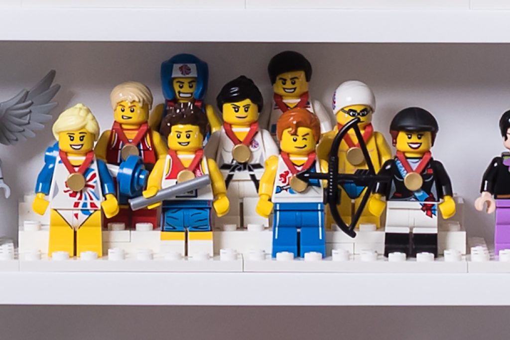 LEGO minifigures selected and arranged as a small themed display.
