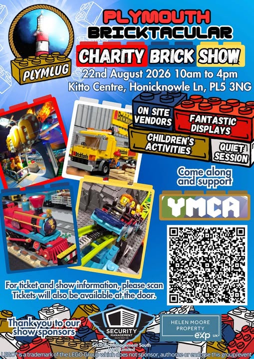 Plymouth Bricktacular charity brick show poster, 22 August 2026, Kitto Centre, in aid of the YMCA
