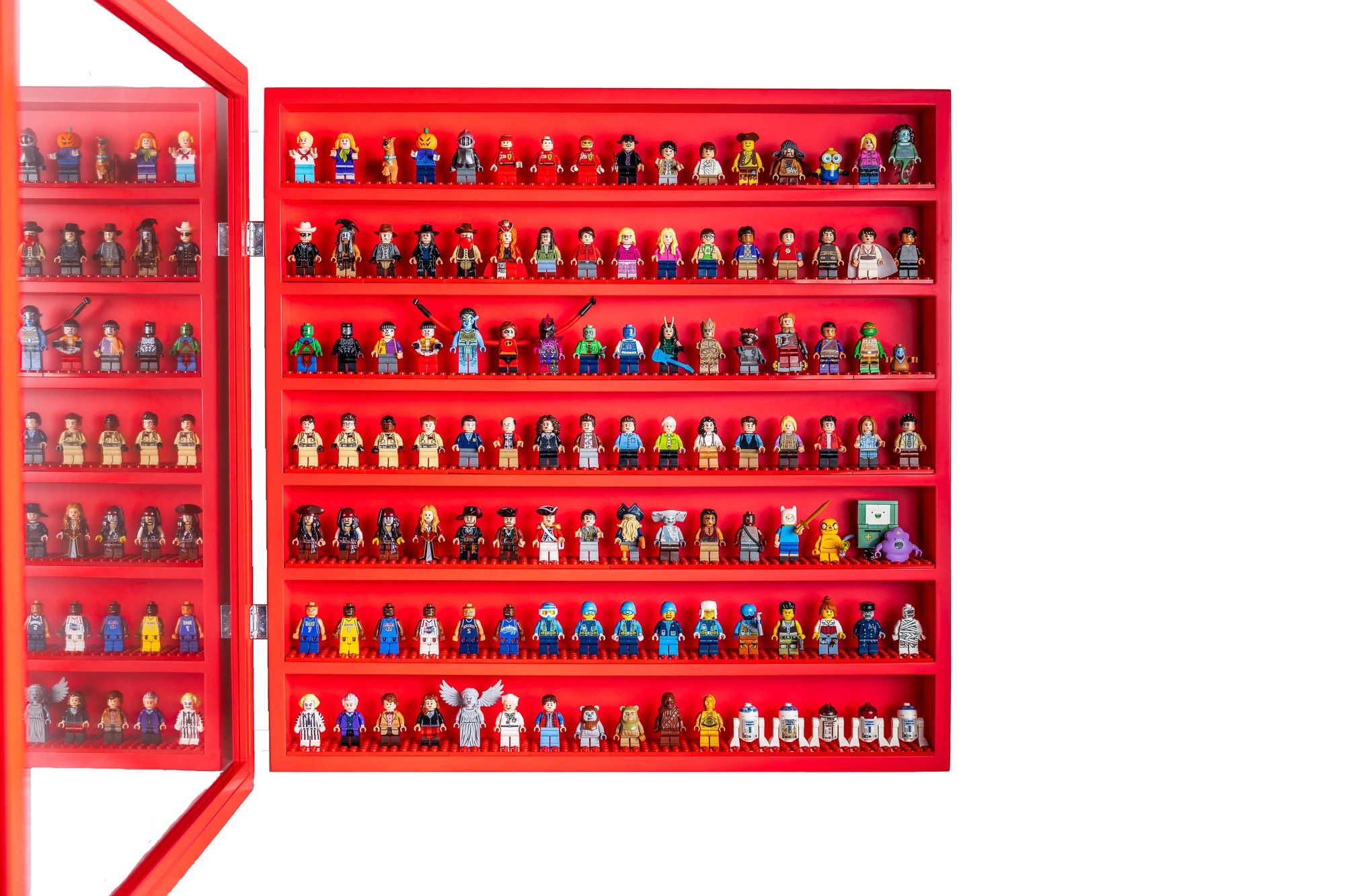 Red front-opening minifigure display frame