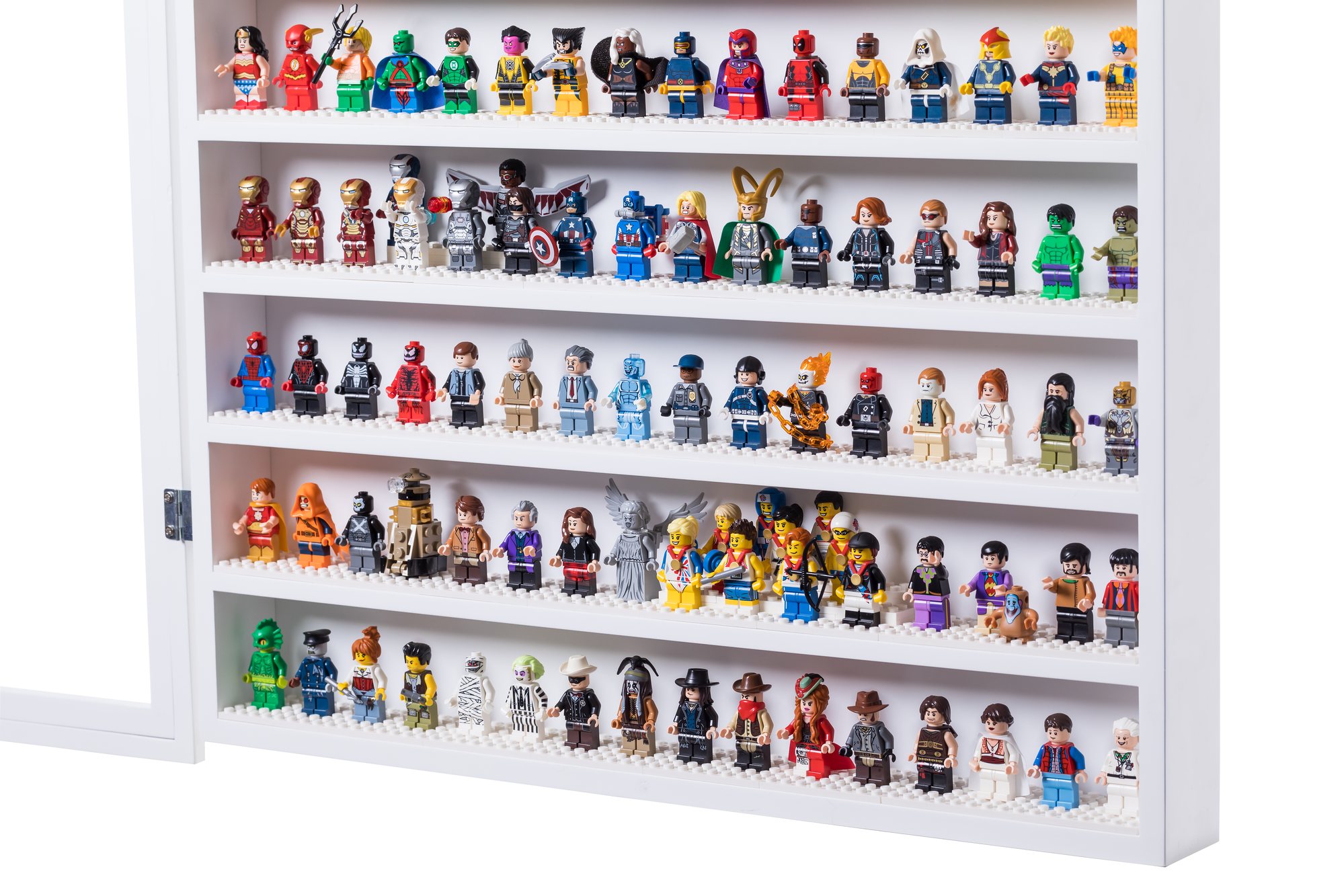 White frame packed with Marvel and DC superhero minifigures