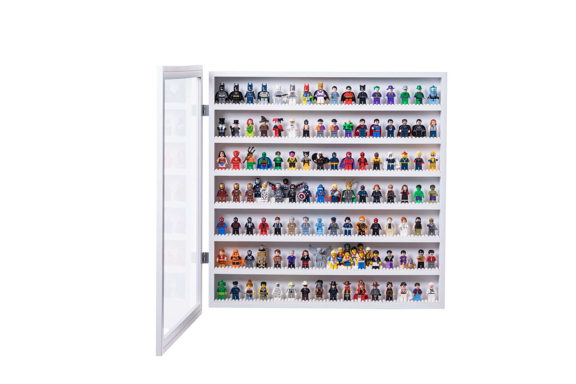 White frame door open showing DC villains and heroes