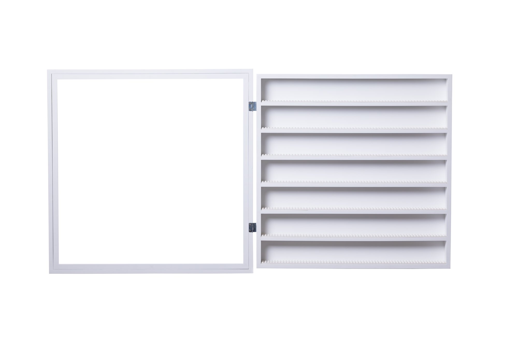 White frame empty, showing the shelf structure and hinge